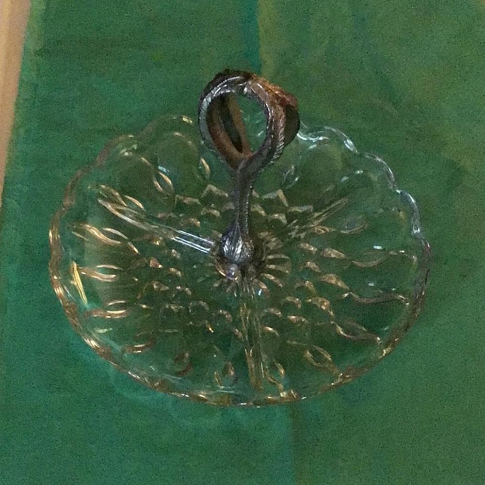 Vintage Glass Divided Relish Dish w/Metal Handle
